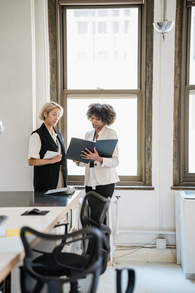 Woman Consulting Work with Office Colleague 